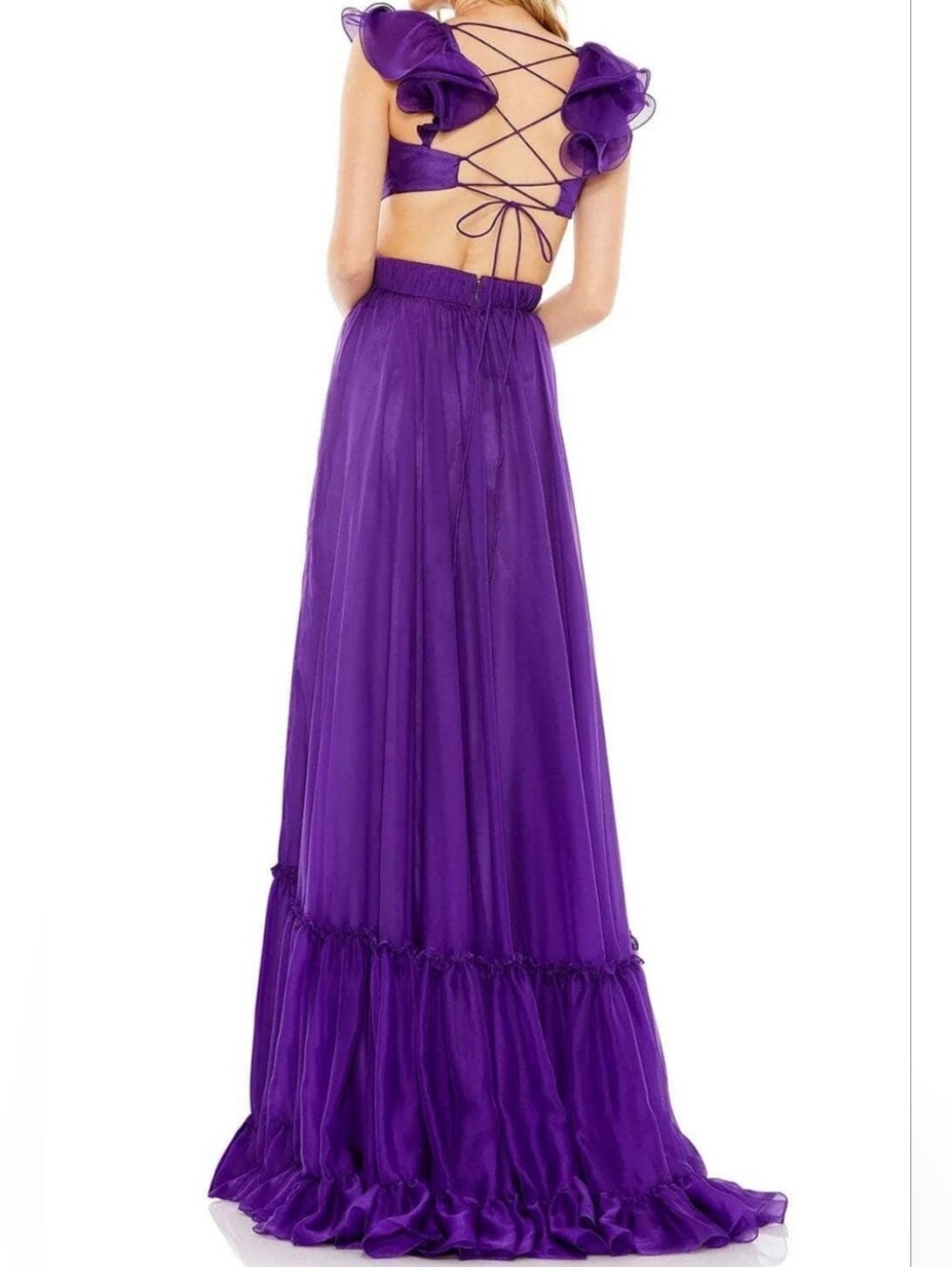 Mac Duggal 70254 Purple Ruched Ruffled Shoulder Cut Out Lace Up Gown 4 NWT Prom - Picture 4 of 13